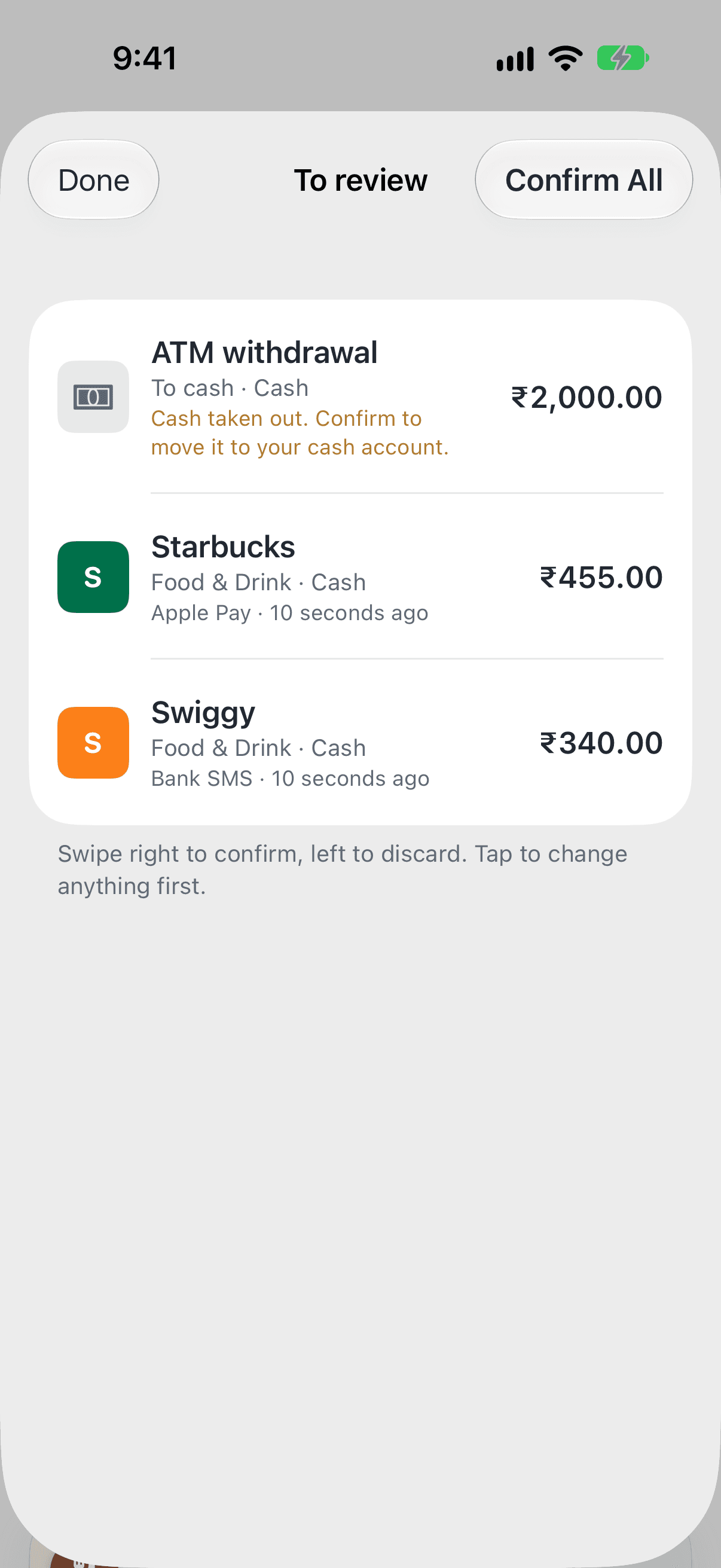 Pico's review list: an ATM withdrawal, a Starbucks Apple Pay payment and a Swiggy bank message