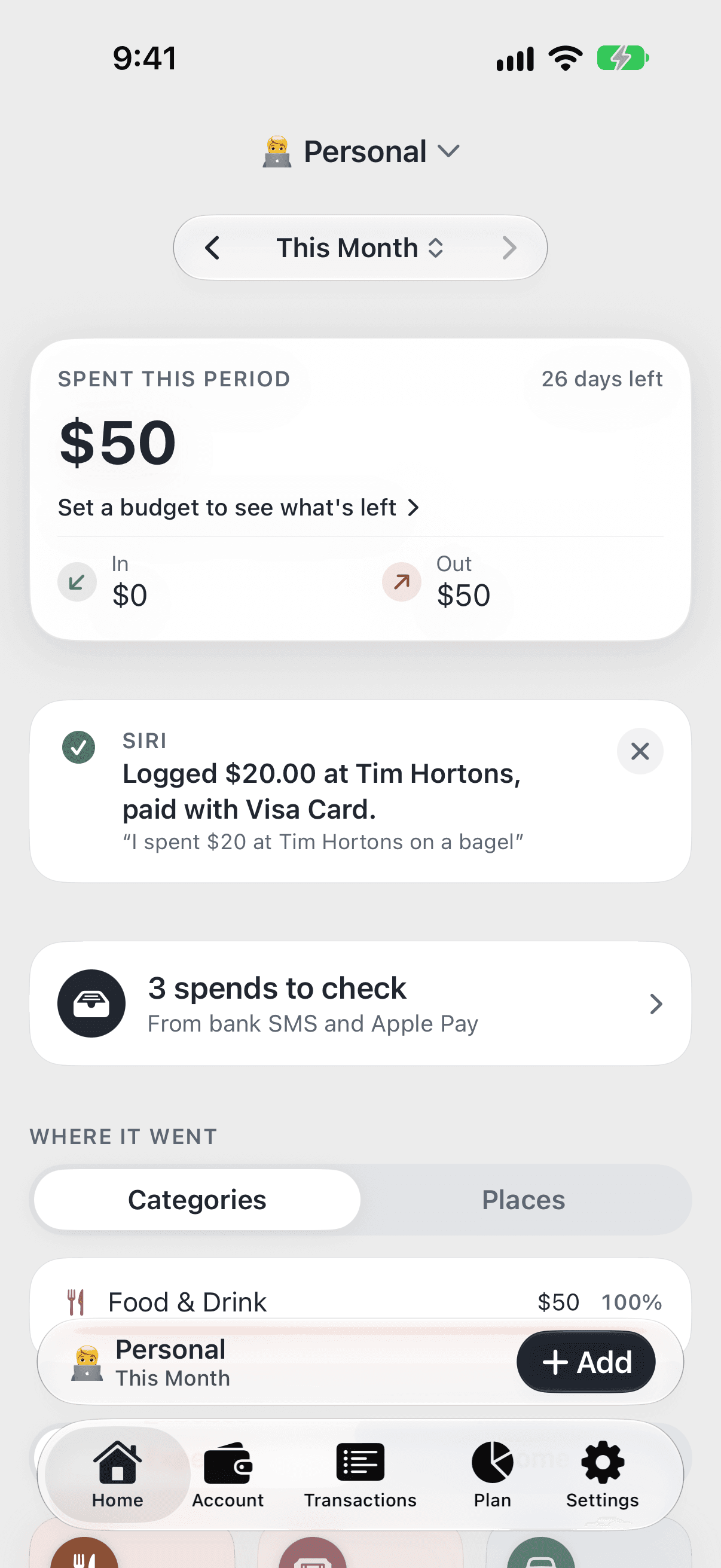 Pico home, saying Siri logged $20.00 at Tim Hortons, with three captured spends waiting to check
