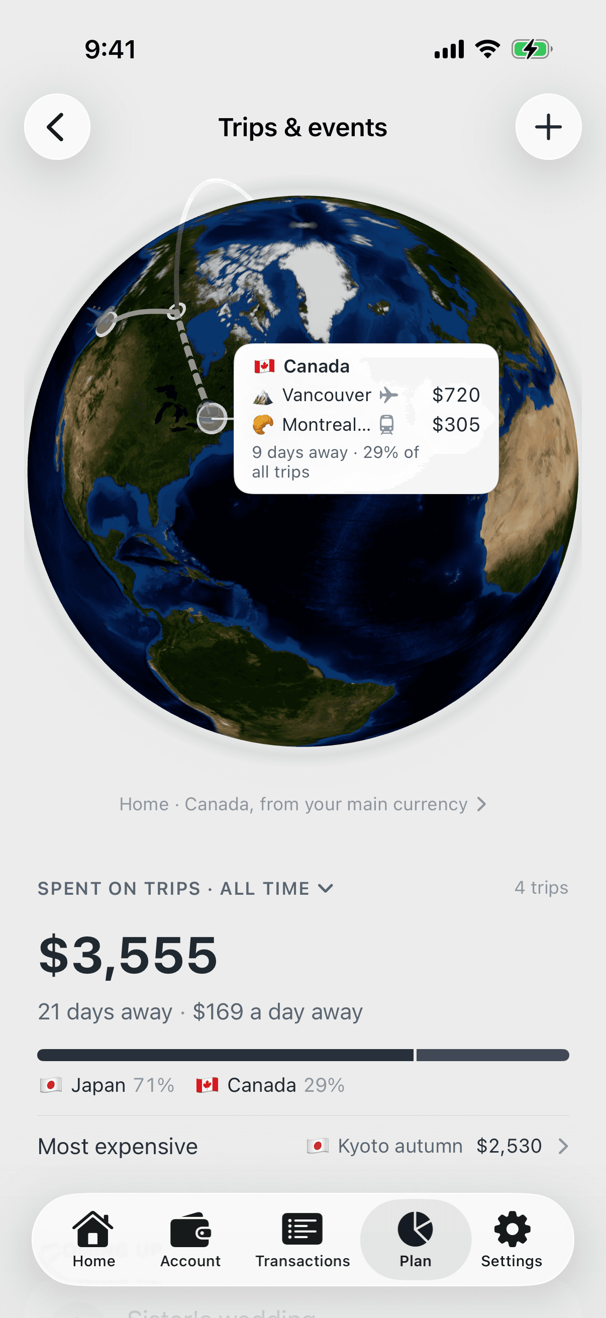 Pico trips globe, showing a flight path to Vancouver and a train to Montreal