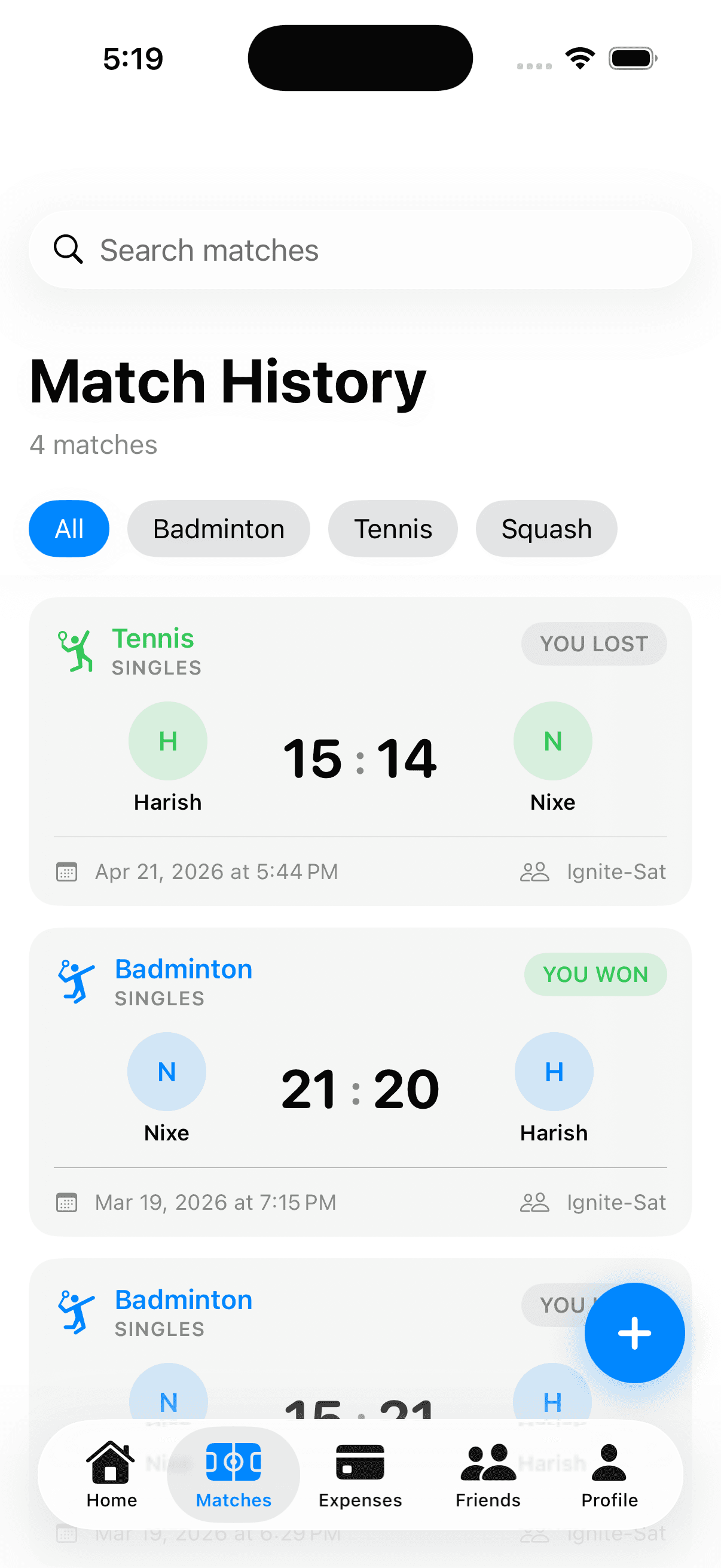 Match history list